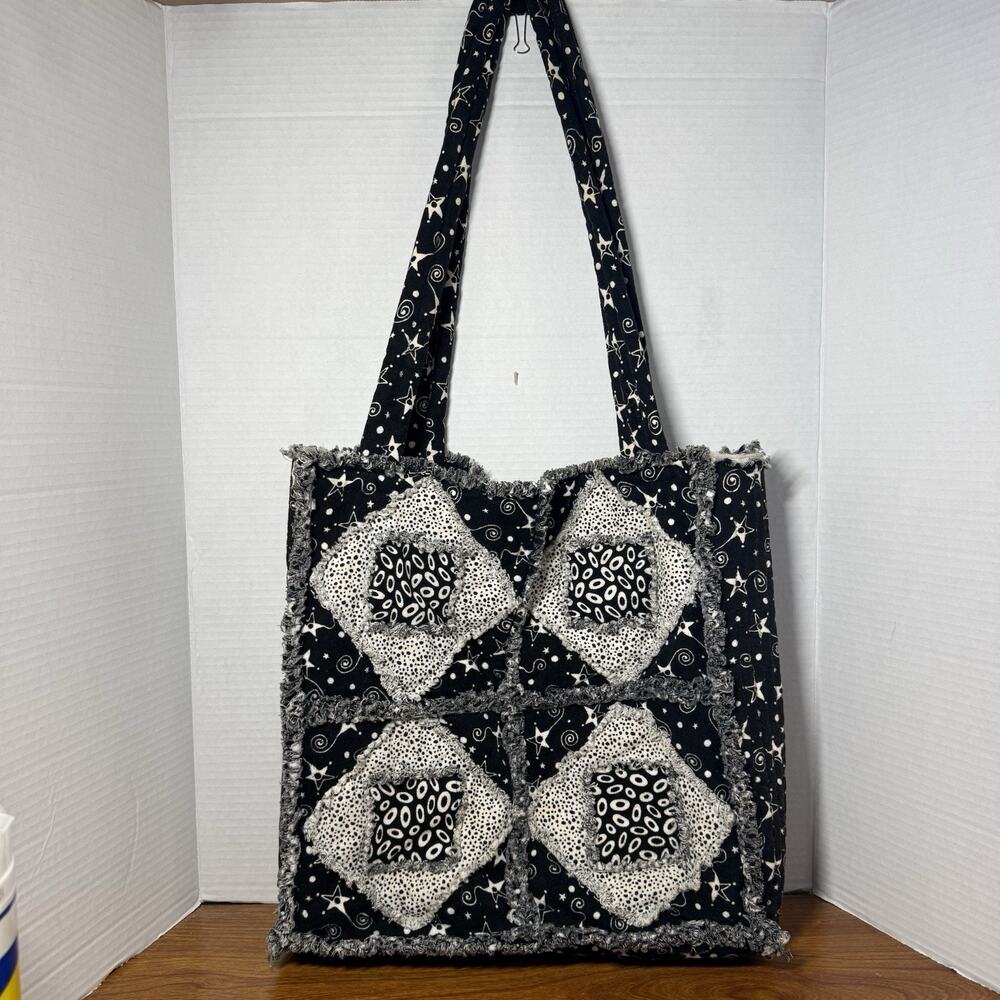 Black and White Quilted Bag 14 inches Hand Made Stars & Polka dots